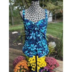Lands End Tankini Top Blue Teal Turquoise Floral Flyaway Sweetheart Underwire 12